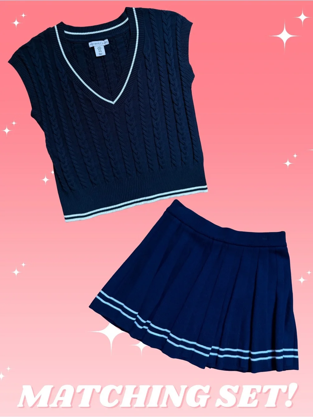 Preppy Academia Cable Knit Cropped V-Neck Sweater Vest Matching Knit Mini Skort